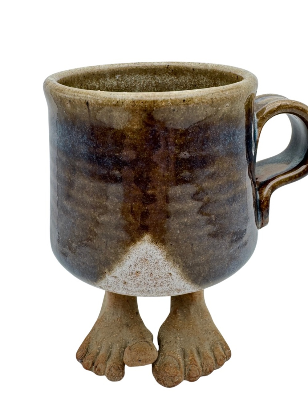 Vtg Studio Art Pottery Mug w/ Bare Feet Brown Drip Glaze Whimsical Folk Art Cup
